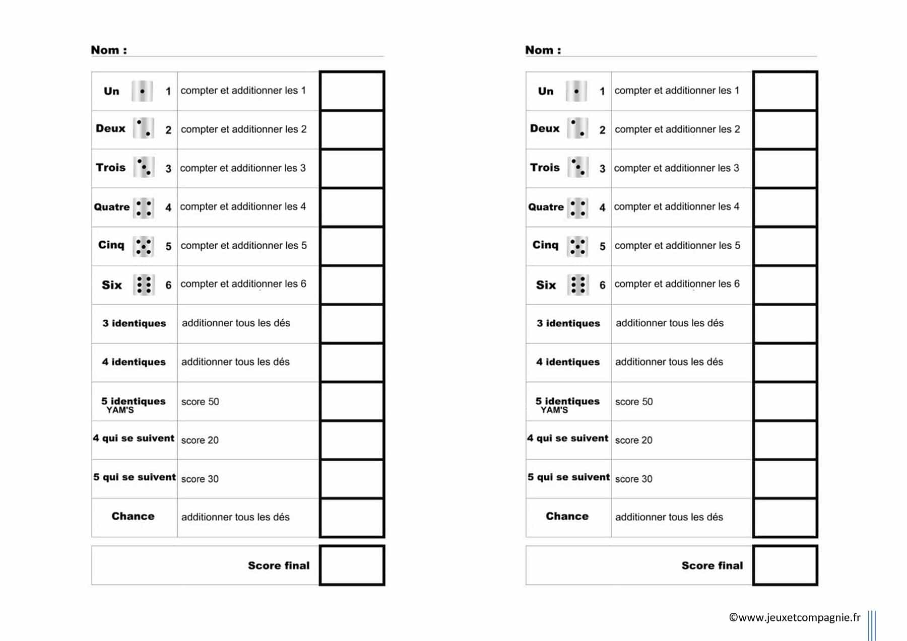 Comment jouer au yam's règles du jeu + fiche de score à imprimer