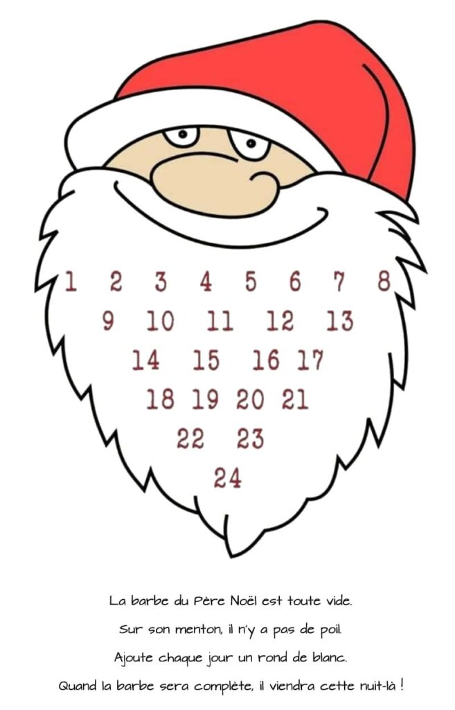 Compte à rebours jusqu'à Noël, calendrier du compte à rebours de la barbe  du père Noël, compte à rebours du père Noël, calendrier de l'Avent de Noël  imprimable, jours jusqu'à Noël 
