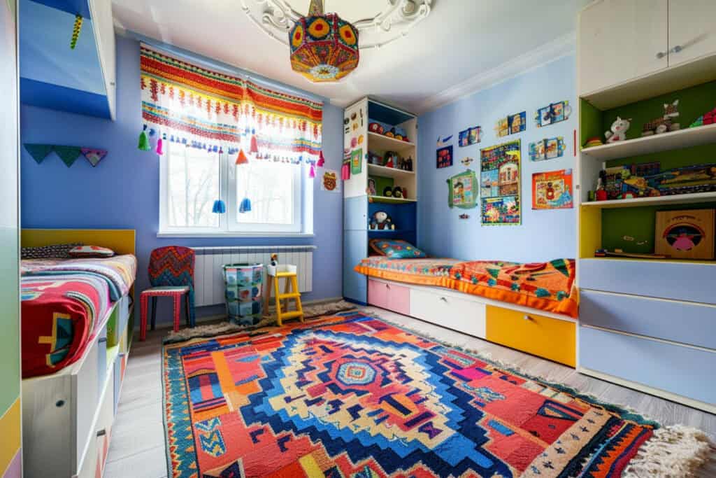 chambre d'enfant coloré avec un tapis au centre