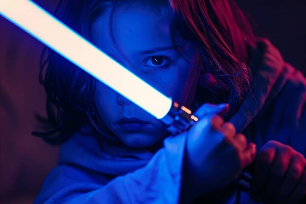 gros plan sur un enfant jouant avec un sabre laser