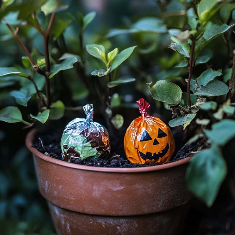 bonbons d'Halloween cachés dans un pot de fleur